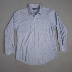 Ralph Lauren Custom Fit Blue Stripe Button Down Shirt Mens Pink Pony Logo Sz 16